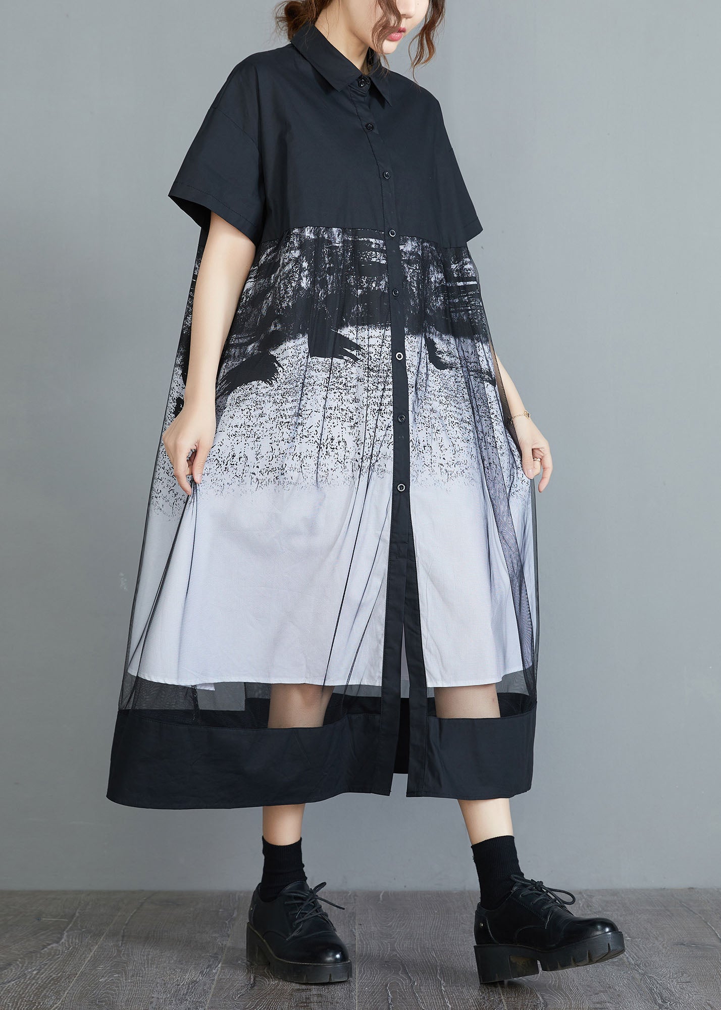Style Black Peter Pan Collar Tulle Patchwork Cotton Maxi Dresses Short Sleeve