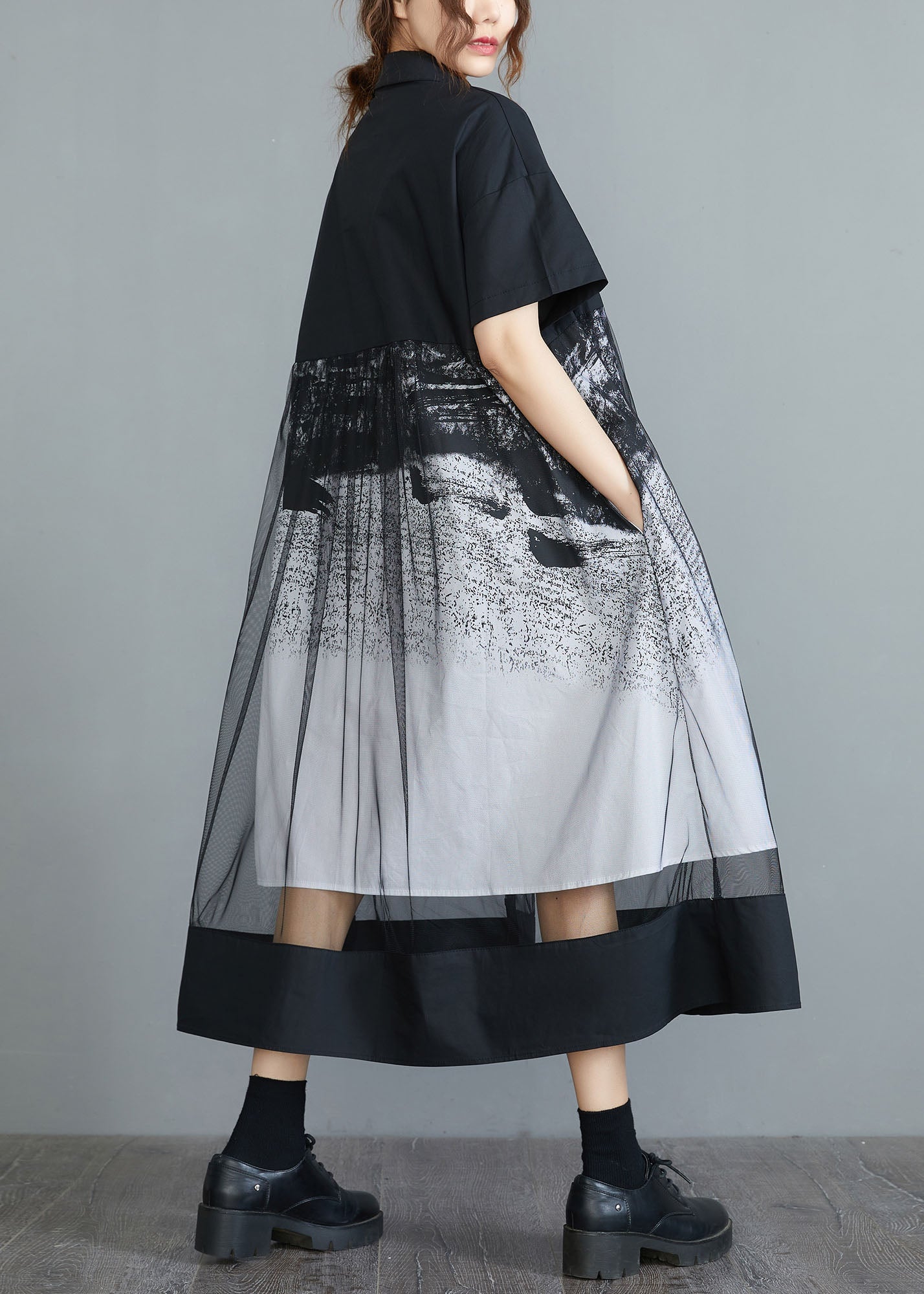 Style Black Peter Pan Collar Tulle Patchwork Cotton Maxi Dresses Short Sleeve