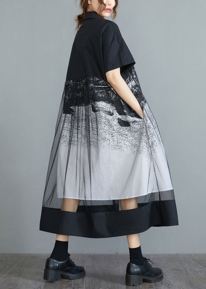 Style Black Peter Pan Collar Tulle Patchwork Cotton Maxi Dresses Short Sleeve