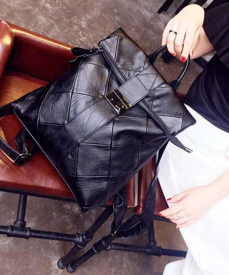 Style Black Plaid Large Capacity Faux Leather Versatile Backpack Bag