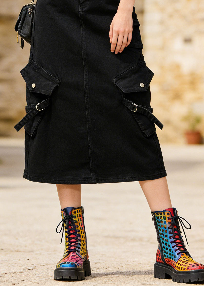 Style Black Pockets Patchwork Denim Skirts Spring