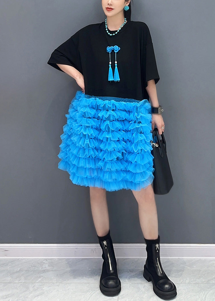 Style Black Ruffled Patchwork Tulle Tea Dresses Summer