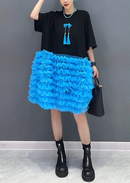 Style Black Ruffled Patchwork Tulle Tea Dresses Summer