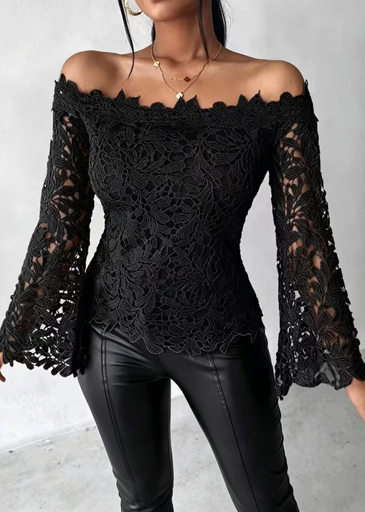 Style Black Slash Neck Hollow Out Lace Shirt Tops Flare Sleeve