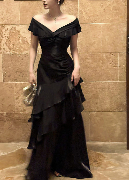 Style Black Slash Neck Ruffled Maxi Fish-Tail Dresses Summer