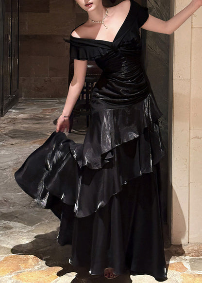 Style Black Slash Neck Ruffled Maxi Fish-Tail Dresses Summer