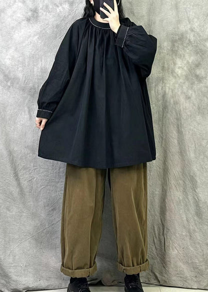 Style Black Stand Collar Cotton Loose Shirts Fall