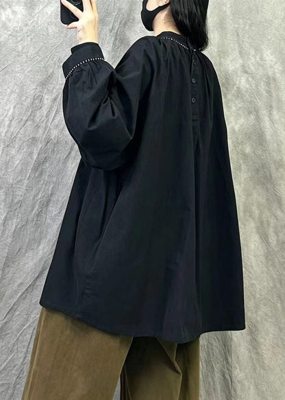 Style Black Stand Collar Cotton Loose Shirts Fall