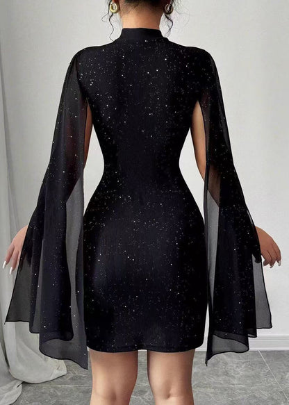 Style Black Stand Collar Sequins Party Dresses Cloak Sleeves