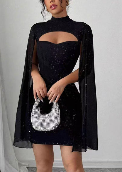 Style Black Stand Collar Sequins Party Dresses Cloak Sleeves