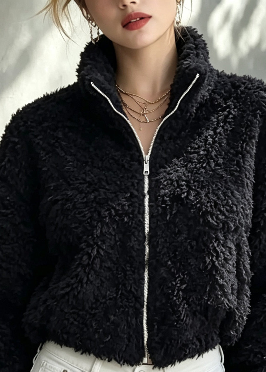 Style Black Stand Collar Zippered Teddy Faux Fur Solid Coat Winter