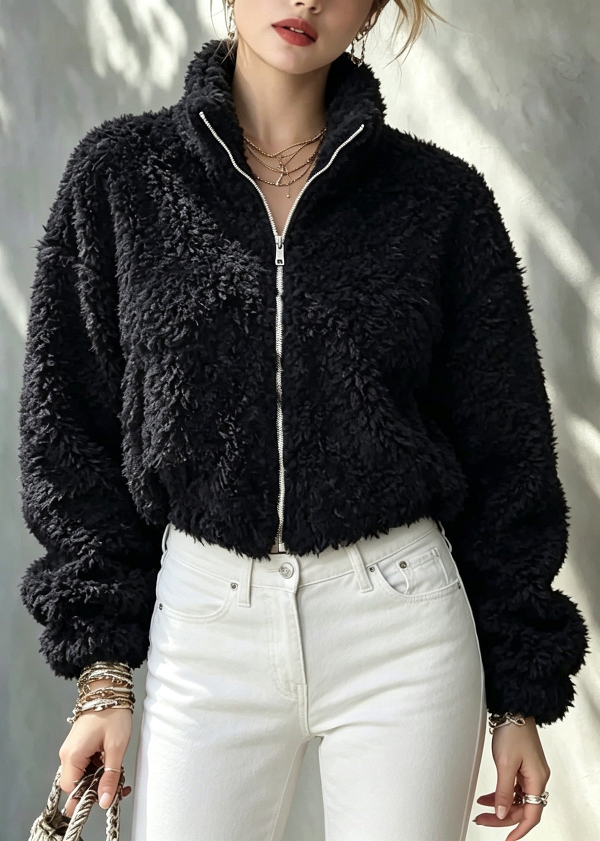 Style Black Stand Collar Zippered Teddy Faux Fur Solid Coat Winter
