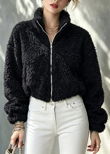 Style Black Stand Collar Zippered Teddy Faux Fur Solid Coat Winter
