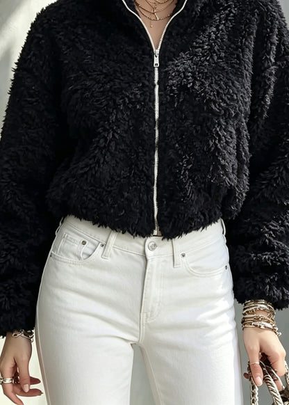 Style Black Stand Collar Zippered Teddy Faux Fur Solid Coat Winter