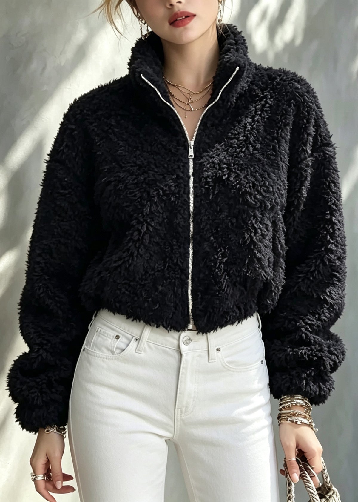 Style Black Stand Collar Zippered Teddy Faux Fur Solid Coat Winter
