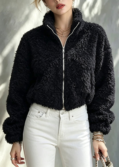Style Black Stand Collar Zippered Teddy Faux Fur Solid Coat Winter