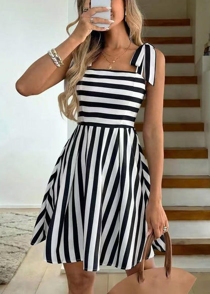 Style Black Striped Cami Bow Cotton Mini Dresses Summer