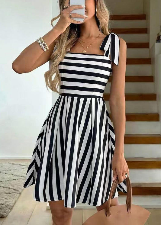 Style Black Striped Cami Bow Cotton Mini Dresses Summer
