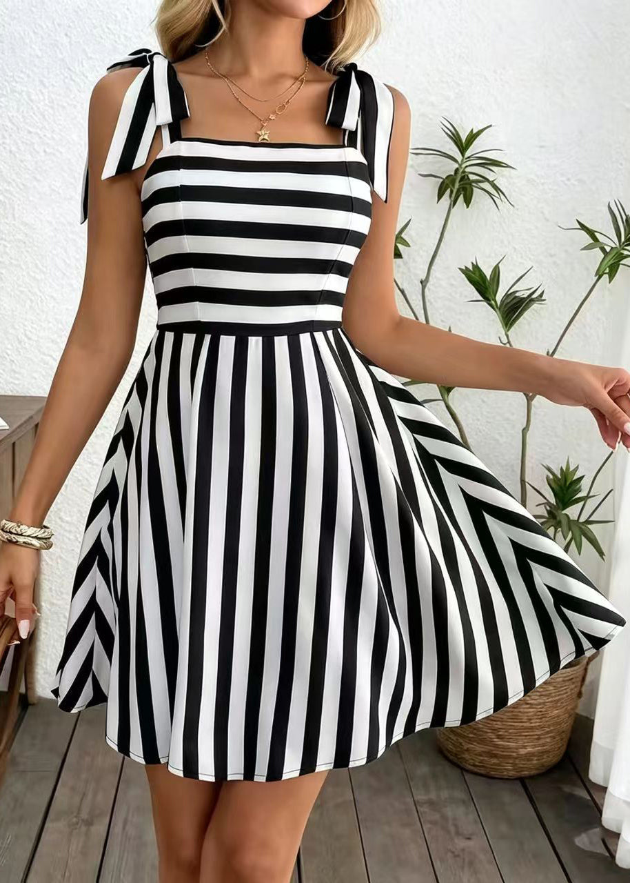 Style Black Striped Cami Bow Cotton Mini Dresses Summer