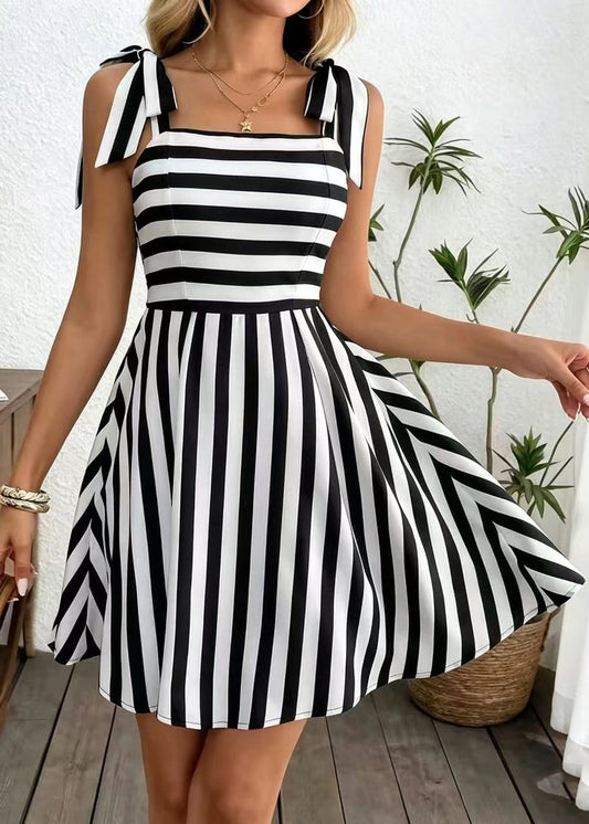 Style Black Striped Cami Bow Cotton Mini Dresses Summer