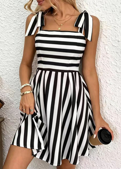 Style Black Striped Cami Bow Cotton Mini Dresses Summer