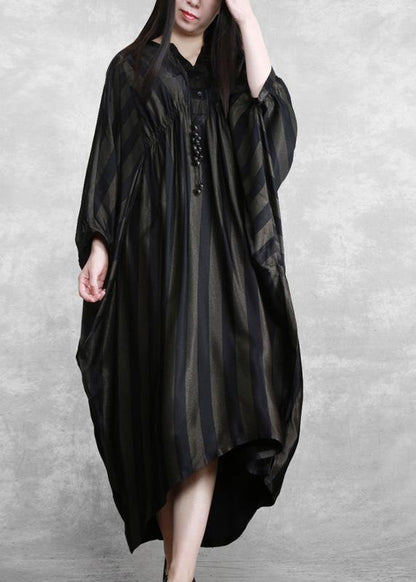 Style Black Striped Silk Maxi Dress Batwing Sleeve A Line Dresses - SooLinen