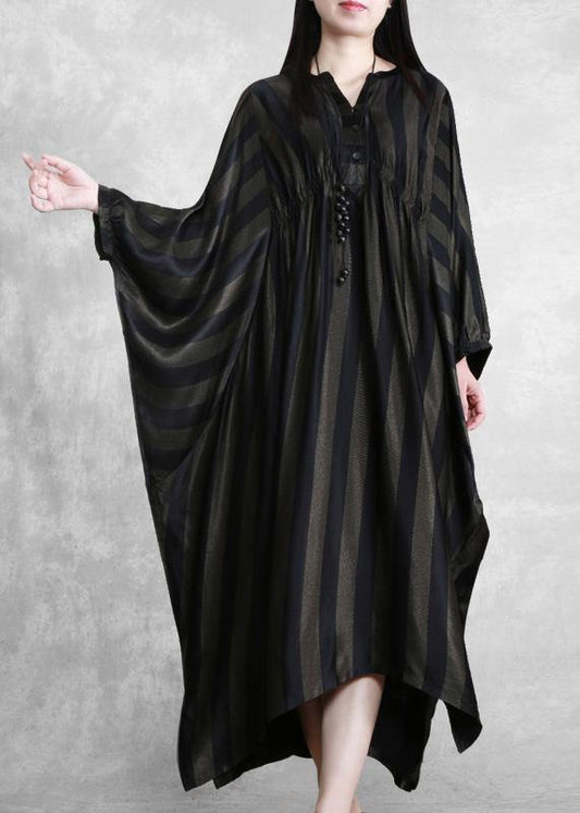 Style Black Striped Silk Maxi Dress Batwing Sleeve A Line Dresses - SooLinen