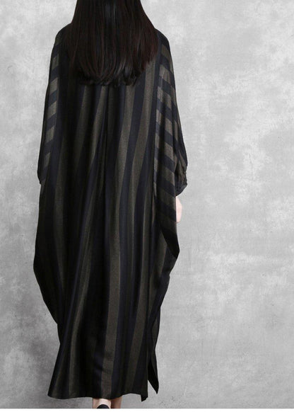 Style Black Striped Silk Maxi Dress Batwing Sleeve A Line Dresses - SooLinen