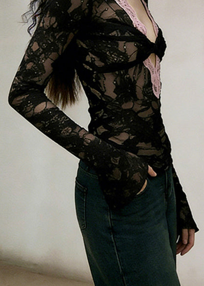 Style Black V Neck Patchwork Lace Shirt Top Spring