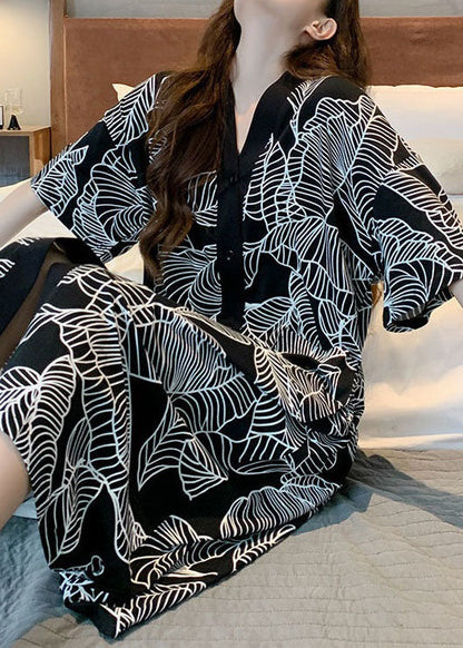 Style Black V Neck Print Patchwork Cotton Pajamas Dresses Summer