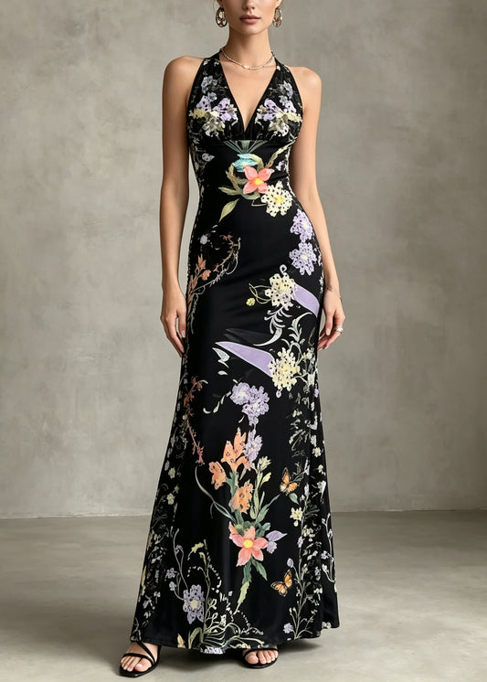 Style Black V Neck Print Silk Velvet Party Dress Summer