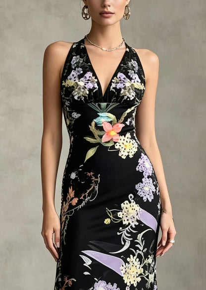 Style Black V Neck Print Silk Velvet Party Dress Summer