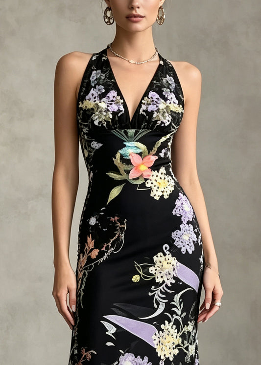 Style Black V Neck Print Silk Velvet Party Dress Summer