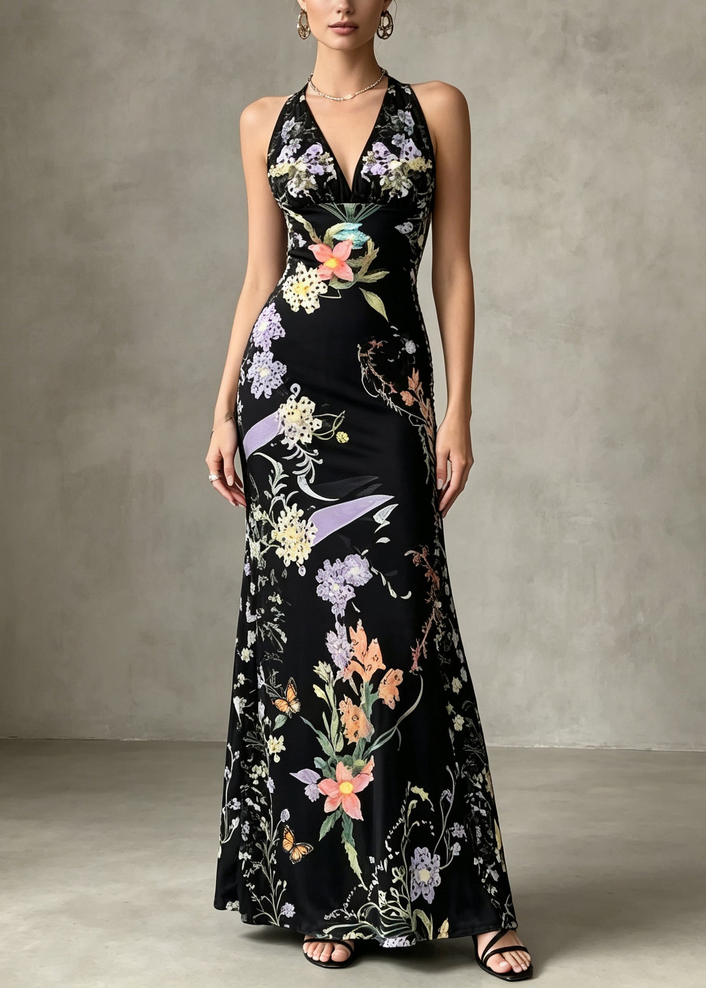 Style Black V Neck Print Silk Velvet Party Dress Summer