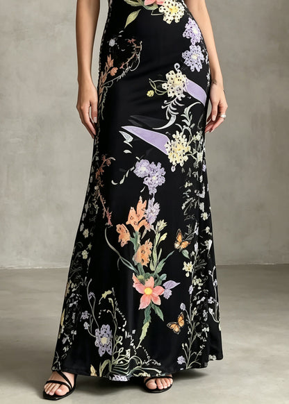 Style Black V Neck Print Silk Velvet Party Dress Summer
