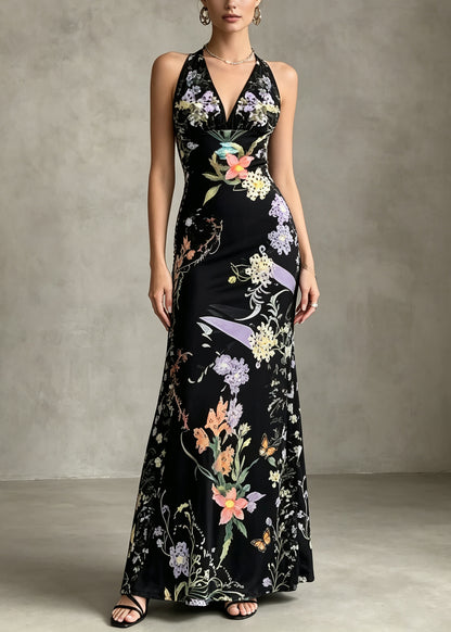 Style Black V Neck Print Silk Velvet Party Dress Summer