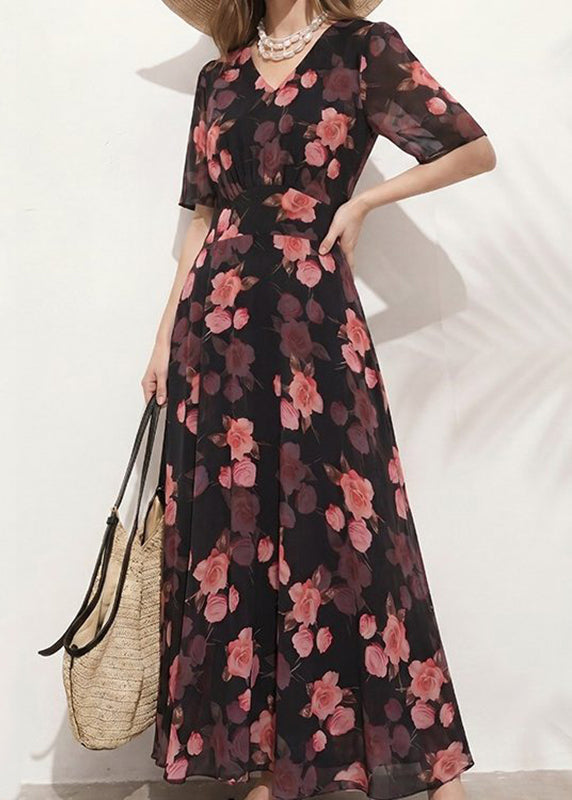 Style Black V Neck Print Tunic Long Dresses Short Sleeve