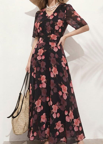 Style Black V Neck Print Tunic Long Dresses Short Sleeve