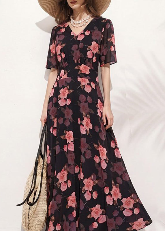 Style Black V Neck Print Tunic Long Dresses Short Sleeve