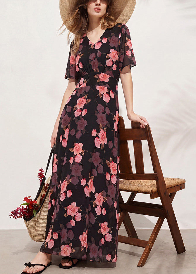 Style Black V Neck Print Tunic Long Dresses Short Sleeve