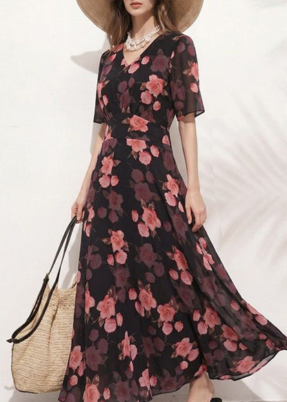Style Black V Neck Print Tunic Long Dresses Short Sleeve