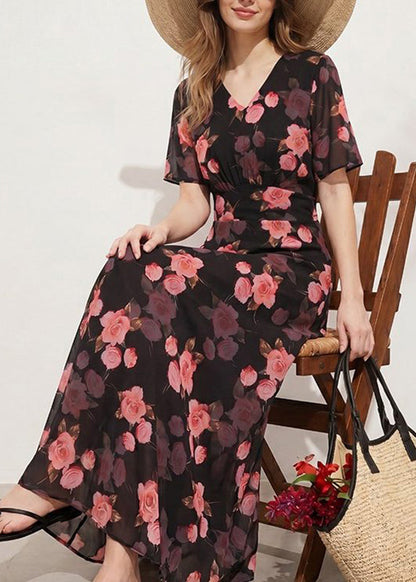 Style Black V Neck Print Tunic Long Dresses Short Sleeve