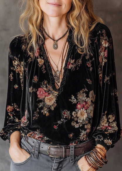 Style Black V Neck Ruffled Print Velour Shirt Top Spring