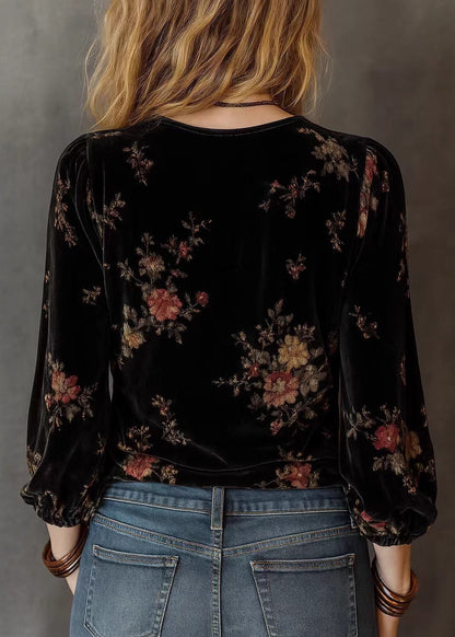 Style Black V Neck Ruffled Print Velour Shirt Top Spring