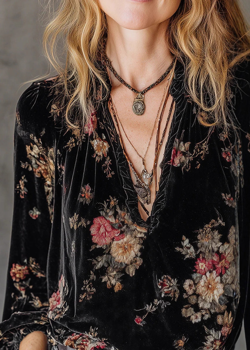 Style Black V Neck Ruffled Print Velour Shirt Top Spring