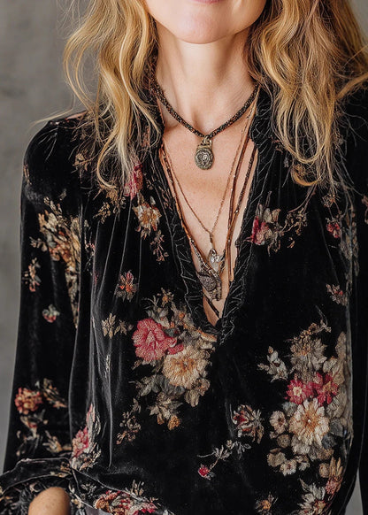 Style Black V Neck Ruffled Print Velour Shirt Top Spring