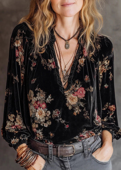 Style Black V Neck Ruffled Print Velour Shirt Top Spring