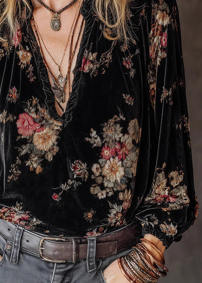 Style Black V Neck Ruffled Print Velour Shirt Top Spring