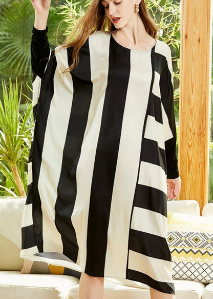 Style Black White Striped Chiffon Batwing Sleeve Spring Dress - SooLinen