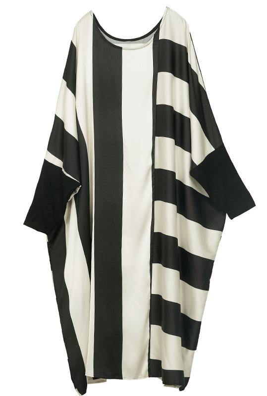 Style Black White Striped Chiffon Batwing Sleeve Spring Dress - SooLinen